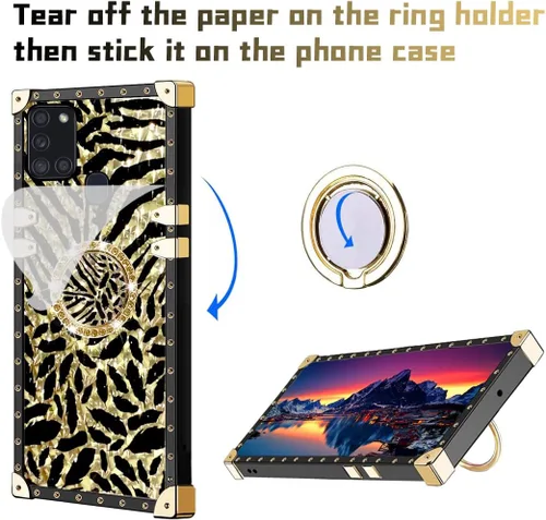 Vista 3 de Funda para teléfono Samsung Galaxy A21S con soporte de anillo, diseño retro elegante de lujo, estampado de leopardo, guepardo, dorado, protección