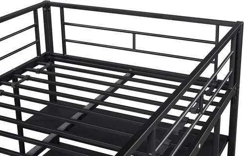 Vista 6 de Cama baja de metal individual con estantes de almacenamiento y escalera, litera flotante para niños, ahorro de espacio, no necesita somier, fácil