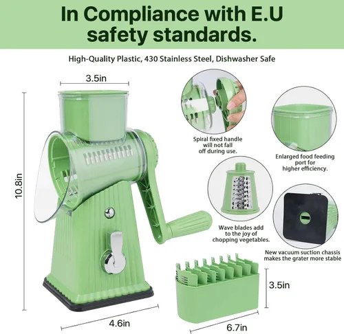 Vista 2 de Rallador rotativo de queso con 5 cuchillas, tubo grande para alimentos, empujador de alimentos de seguridad, base de succión fuerte, verde menta
