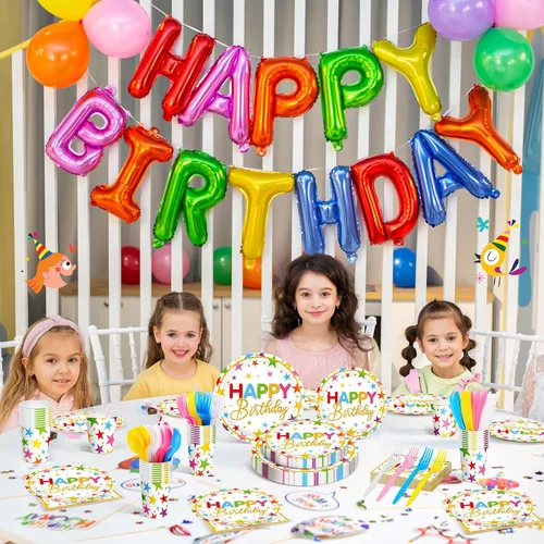 Vista 4 de Meanplan - Juego de 168 platos de feliz cumpleaños y servilletas para 24 invitados