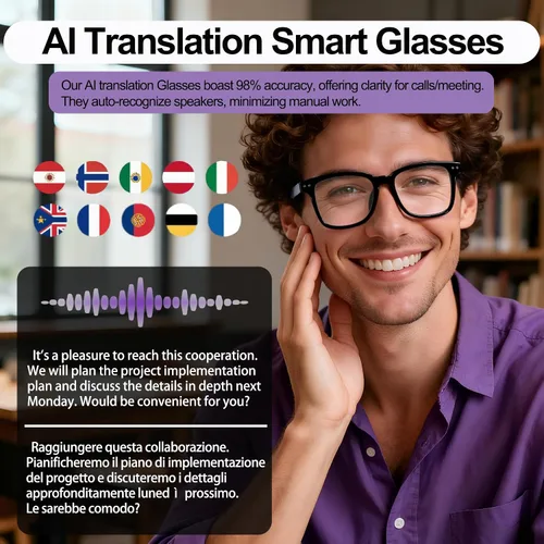 Vista 4 de Lentes de traducción Bluetooth inalámbricos inteligentes AI para hombres/mujeres con altavoces/Bluetooth y más de 140 idiomas traducción