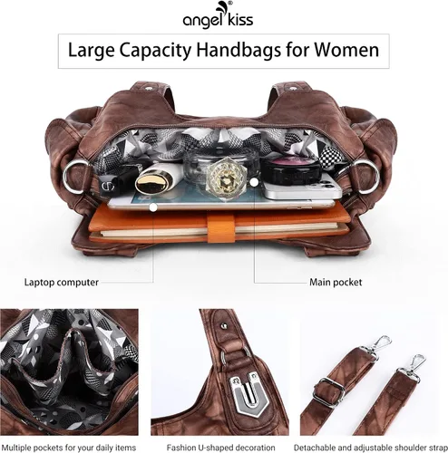 Vista 5 de Angelkiss - Bolsos y bolsos de mano para mujer, de cuero vegano lavado, bolso cruzado estilo hobo
