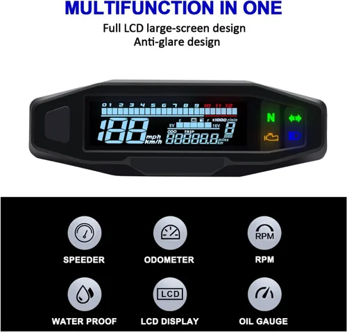Vista 2 de KAOLALI Medidor de velocímetro digital para motocicleta RPM LCD tacómetro digital carburador medidor de odómetro (con sensor)