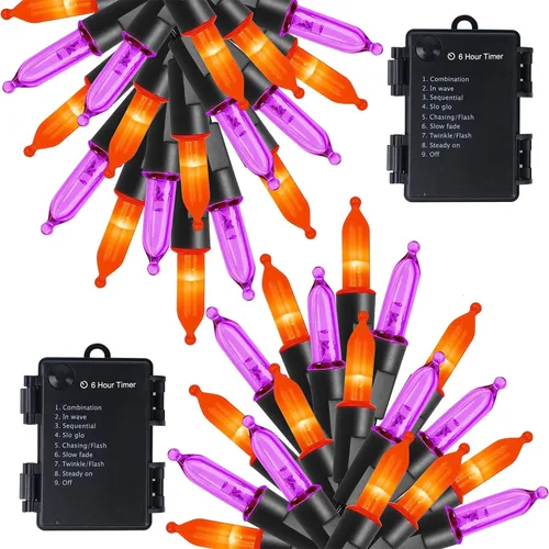 Vista 11 de WATERGLIDE - 50 luces LED de Halloween para uso al aire libre de 16 pies, tira de luces con 8 modos, tamaño mini, luces impermeables para árbol