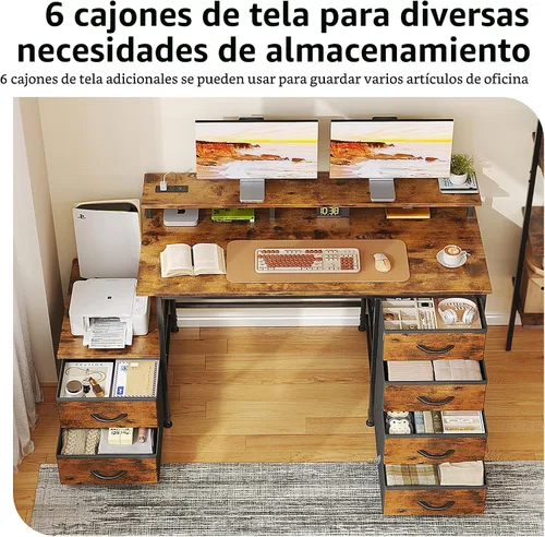 Vista 6 de Escritorio de oficina de 52 pulgadas con 6 cajones y espacio de impresora para almacenamiento, escritorio reversible para computadora con soporte