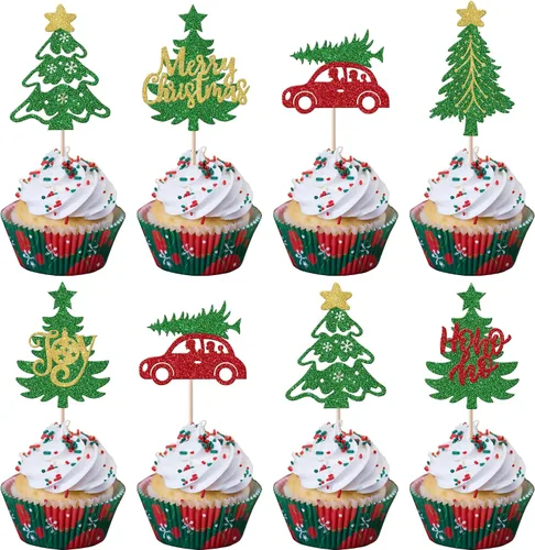 Vista 29 de Paquete de 24 Adornos Navideños Oh Baby para Cupcakes con Sombrero de Navidad con Purpurina, Palillos de Comida para Baby Shower para Niños y Niñas