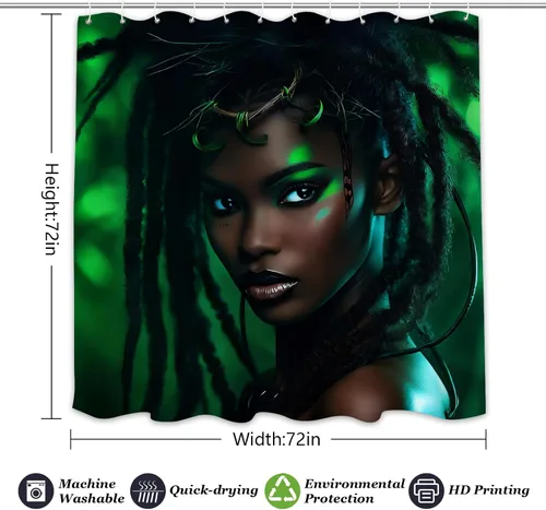 Vista 7 de Cortina de ducha para niñas afroamericanas para baño, juego de cortina de ducha bohemia con hojas verdes, tela de selva, decoración de baño moderna