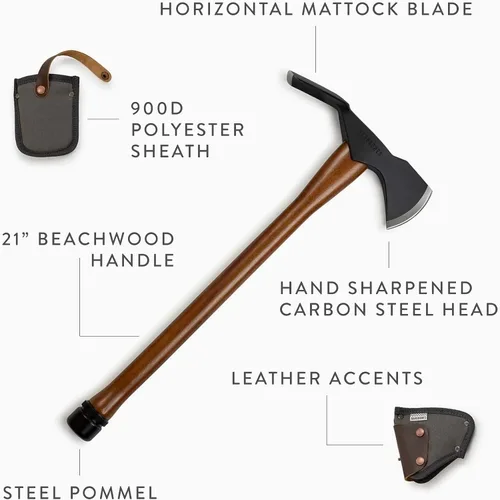 Vista 2 de Hacha Barebones Pulaski - Hoja de hacha de división de acero de alto carbono 1055 - Separador de madera con funda de lona - Hacha de corte