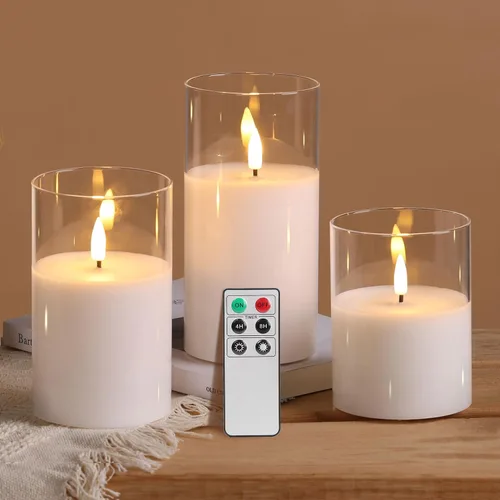 Vista 10 de Eywamage Juego de 3 velas LED sin llama de cristal gris ahumado con control remoto, parpadeantes que funcionan