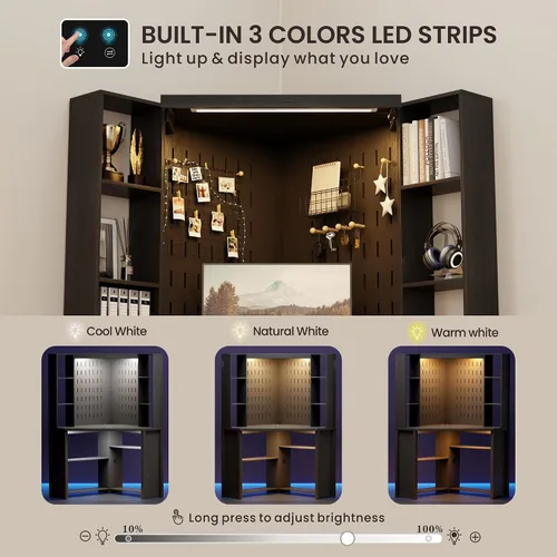 Vista 4 de Escritorio de esquina con luces LED de lectura, escritorio para computadora en forma de L con estante superior y repisas, escritorio triangular