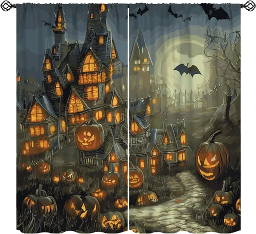 Vista 15 de Cortinas de Halloween con diseño de bosque gótico rojo, cruz gótica, Halloween, festividades, festival, tratamiento de ventana para sala de estar