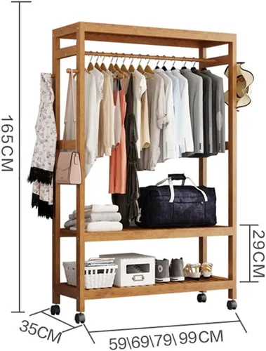 Vista 7 de Perchero de madera independiente para ropa, con 2 estantes de almacenamiento y 4 ganchos, ideal para almacenamiento de ropa de dormitorio