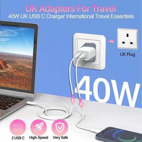 Vista 2 de Adaptador de Reino Unido para viajes, 40 W PD4.0 Reino Unido USB C cargador Irlanda Reino Unido adaptador USB C cargador bloque internacional