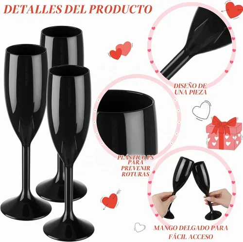 Vista 4 de Domensi 40 copas de champán a granel de 6 onzas, copas de vino de acrílico de Navidad, copas de vino para tostar, copas de champán de plástico Negro