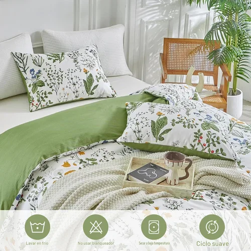 Vista 8 de Lekesky - Juego de funda de edredón de algodón tamaño queen, 100% algodón reversible con estampado floral verde, juego de funda de edredón con 01