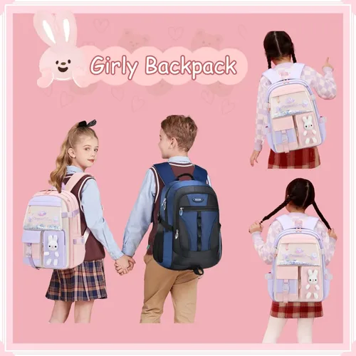Vista 6 de VIDOSCLA Mochila de conejito para la escuela, Kawaii para niños y niñas, bolsas de libros, A# Rabbite kawaii púrpura, Chica-Conejito Kawaii