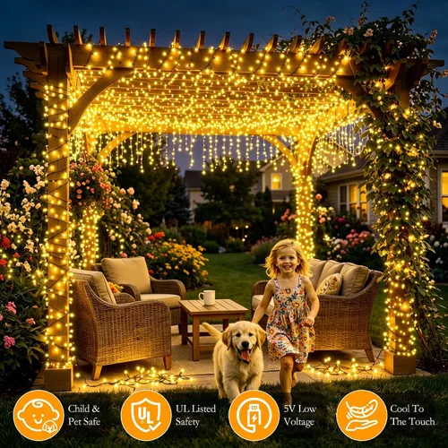 Vista 6 de Guirnalda de 200 luces LED de color blanco cálido de 66 pies, cable verde oscuro, 8 modos de temporizador, IP44, impermeable, para interiores