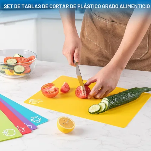 Vista 7 de 5 alfombrillas de plástico flexibles para tabla de cortar con iconos de alimentos, tablas de cortar sin BPA para cocina, alfombrilla de corte