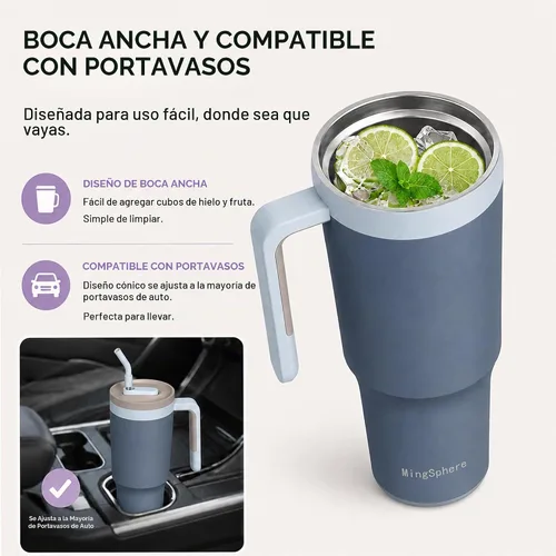 Vista 7 de Vaso aislado de 40 onzas con infusor de frutas, popote y asa Azul