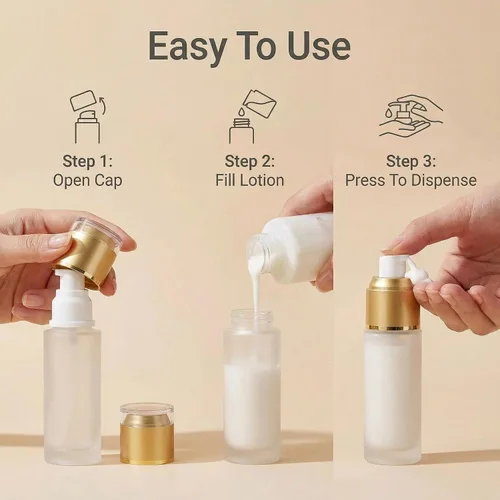 Vista 5 de QUUPY Paquete de 3 botellas vacías recargables de vidrio esmerilado transparente, dispensadores de cosméticos portátiles de viaje para loción