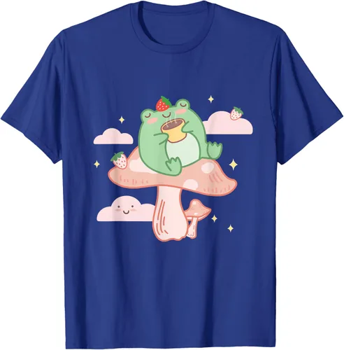 Vista 24 de Kawaii Strawberry Frog On Mushroom - Camiseta de manga corta de anime, Azul / Patchwork, S Azul Pastel