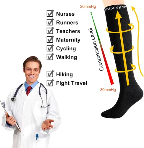 Vista 4 de 3 pares de calcetines de compresión graduados de 20 a 30 mmHg medias altas hasta la rodilla negras para hombres y mujeres, viajes en avión, correr