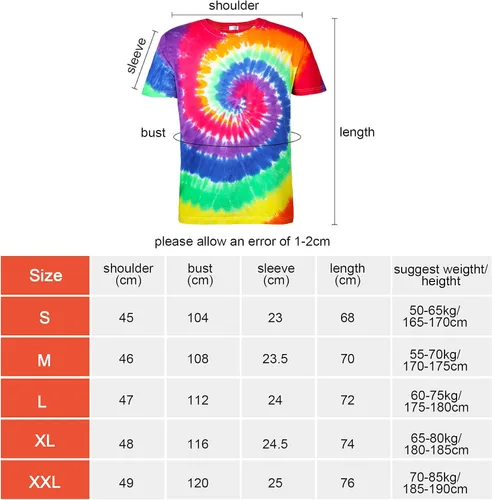 Vista 2 de El disfraz hippie de 5 piezas incluye una camiseta colorida de teñido anudado, peluca marrón dorado, collar de signo de la paz, diadema y lentes