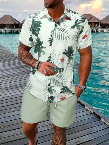 Vista 2 de SHENHE Conjunto de camisa y pantalones cortos de manga corta con botones de 2 piezas para hombre