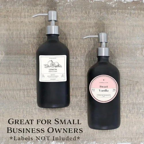 Vista 7 de Cornucopia Brands Botellas de vidrio negro de 16 onzas con bombas de acero inoxidable (paquete de 2); Boston Round recubierto de negro