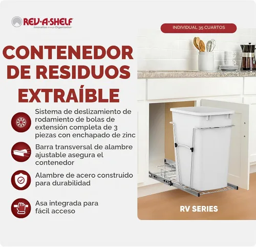 Vista 2 de Rev-A-Shelf Bote de basura extraíble para armarios de cocina, contenedor de reciclaje de basura de 35 cuartos de galón con toboganes de extensión