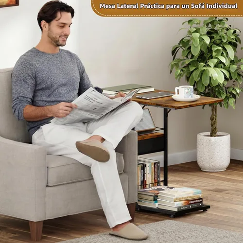 Vista 2 de Mesa de centro rodante con parte superior de madera doble ancha de gran tamaño, bandeja de TV móvil con cajón de almacenamiento y ruedas para sofá