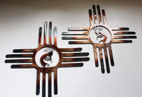 Vista 3 de Southwestern Zia with Kokopelli Pair Left & Right Metal Wall Art Decor 14" 18" or 20