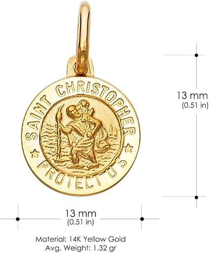Vista 3 de Ioka 14K Yellow Gold St. Christopher Medal Pendant Necklace Protect Us Charm with 1.2mm Flat Open Wheat Chain