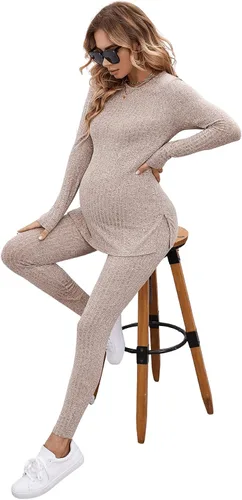 Vista 3 de SOLY HUX Conjunto de maternidad para mujer, conjunto de 2 piezas, manga larga, dobladillo dividido y pantalones de cintura elástica ajustable