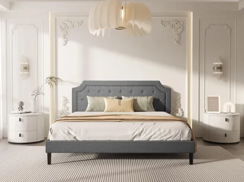 Vista 2 de BONSOIR Base de cama tapizada de color gris de tamaño matrimonial, con plataforma tradicional tapizada de perfil bajo con cabecera copetuda