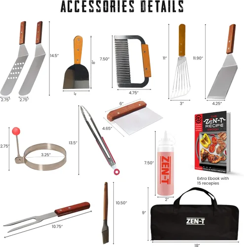 Vista 4 de Zen-T - Kit de herramientas de parrilla de 17 piezas - Accesorios de parrilla para Blackstone - Herramientas de barbacoa de acero inoxidable