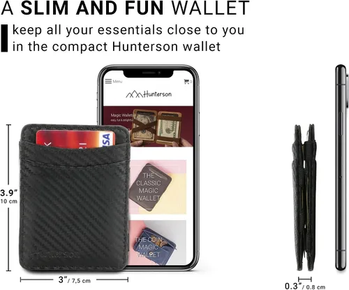 Vista 2 de Hunterson Cartera mágica minimalista para hombres con tarjetero RFID, cartera de cuero para 8 tarjetas, 05 Carbono, Cartera RFID