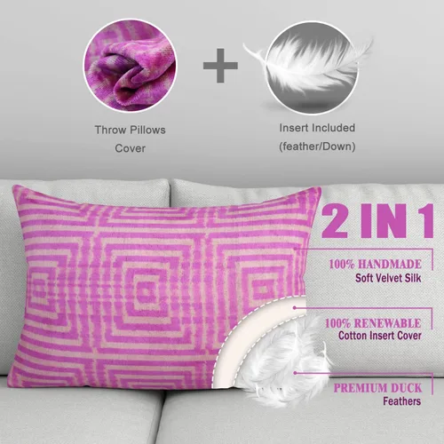 Vista 8 de Cojín decorativo hecho a mano con funda de cojín rellena, patrón de laberinto rosa, funda de cojín lumbar de seda de terciopelo suave para sala