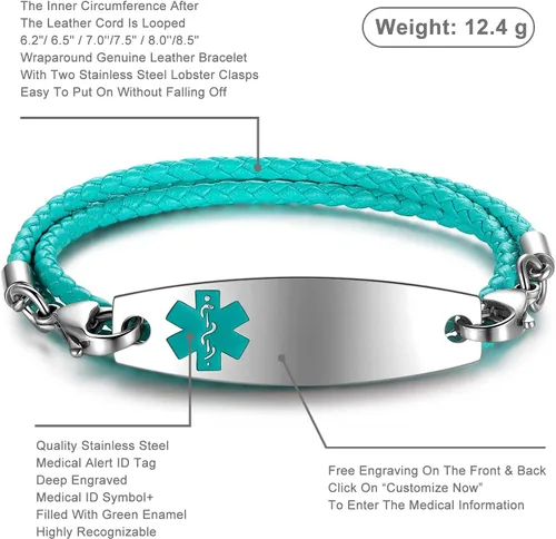 Vista 2 de Pulseras de alerta médica con grabado gratuito para mujeres y hombres con cuerda de cuero Rolo Pulsera de repuesto intercambiable Etiqueta