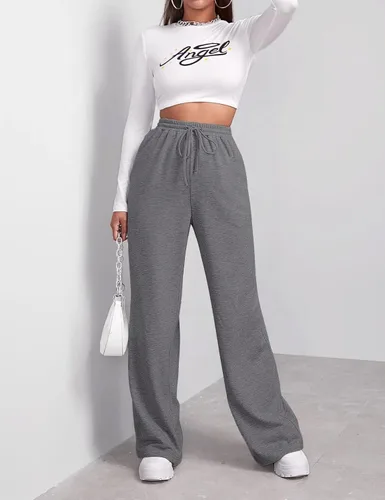 Vista 5 de Pantalones deportivos de pierna ancha para mujer, elásticos, de cintura alta, con cordón y bolsillos