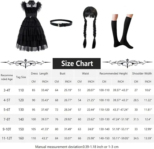 Vista 5 de Zalongye Disfraz de Wednesday addams para niñas, disfraz de la familia Addams, vestido de fiesta de Halloween con cinturón, 4-12 años