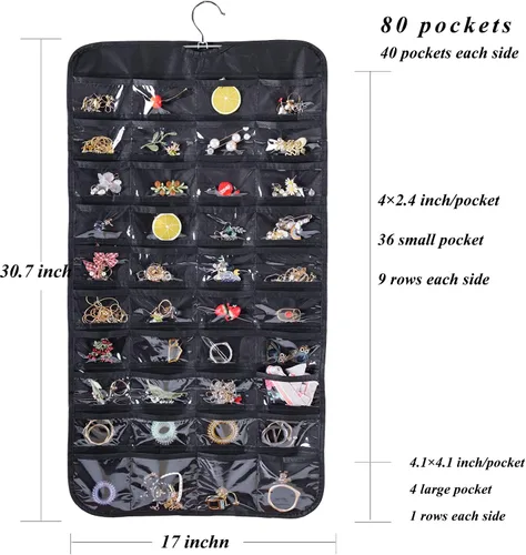 Vista 5 de Cemueo Organizador de joyas colgante, bolsa de almacenamiento de cadena de joyería de doble cara con 80 bolsillos, 2 capas de tela, organizador