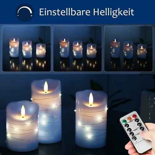 Vista 3 de DANIP - Vela LED sin llama azul cielo, con cuerda de estrella integrada, juego de 3 velas LED, con control remoto de 11 botones, función