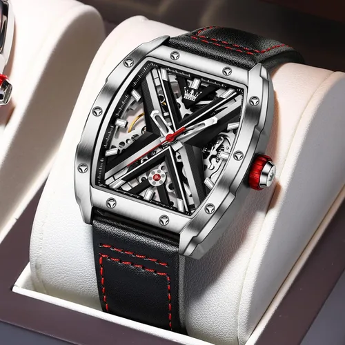 Vista 2 de OLEVS Reloj de esqueleto automático de cuero mecánico para hombre estilo steampunk a la moda impermeable luminoso regalos para novio