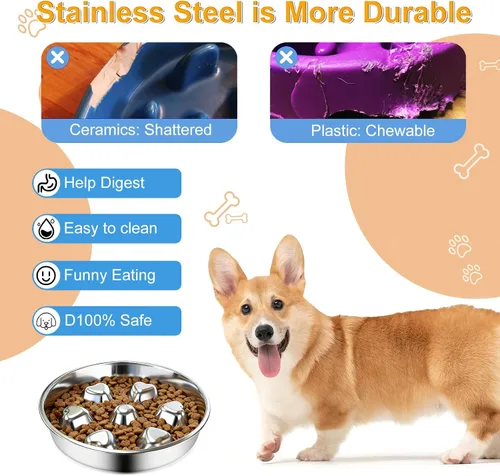 Vista 3 de Paquete de 2 cuencos de acero inoxidable para perros de alimentación lenta, cuencos de metal antideslizantes para mascotas para comedores rápidos