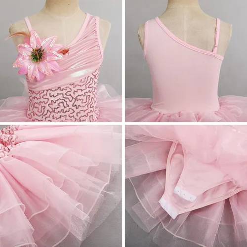 Vista 6 de IDOPIP Vestido de ballet con lentejuelas y un hombro para niñas pequeñas, tutú con volantes, falda de bailarina, 3-10 años