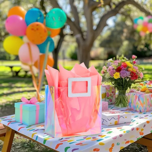 Vista 6 de VUOJUR 1 bolsa de regalo reutilizable S de 8.3 pulgadas y 1 M de 11 pulgadas con papel de seda, coral y orquídea