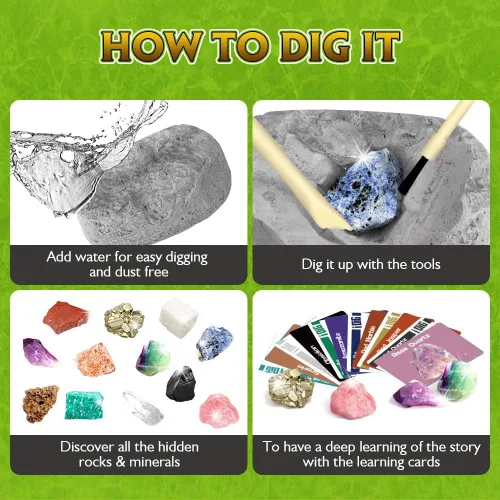 Vista 4 de Kit de 12 excavaciones naturales de roca y minerales, juguete educativo STEM para niños, piedras preciosas mineras, rocas y minerales, recuerdos