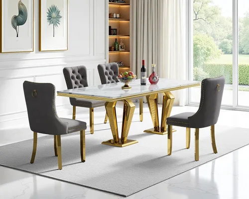 Vista 65 de Juego de mesa de comedor de mármol sintético, 7 piezas, juego de mesa de cocina y comedor para 6, mesa de comedor rectangular blanca de 70 pulgadas