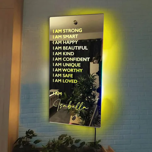 Vista 7 de Espejo de luz LED de neón personalizada de Affirmations "I Am - Decoración de pared con nombre personalizado para dormitorio, espejo LED